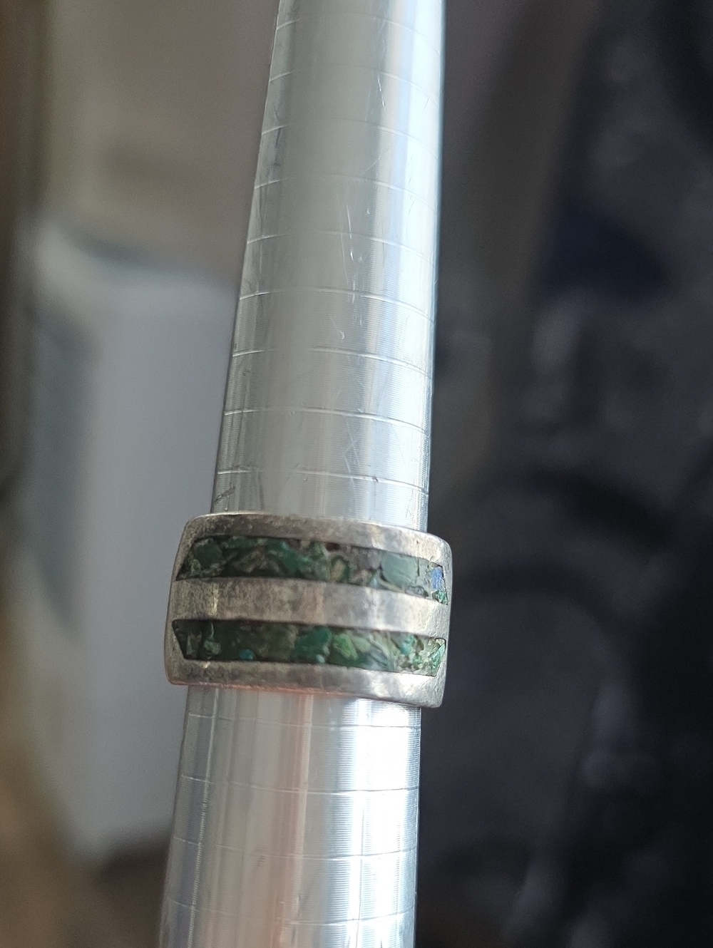 Sterling Silver Band Ring with Green Inlay
